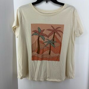 Adiva Off-White T-Shirt with Red/Orange & Green Palm Tree Design, Junior Large